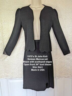 Early 1970's St John Knit Neiman Marcus set, Black, Scalloped edges, Open front